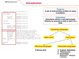 Introduction
41
8086 Microprocessor
Program
A set of instructions written to solve
a problem.
Instruction
Directions which a microprocessor
follows to execute a task or part of a
task.
Computer language
High Level Low Level
Machine Language Assembly Language
 Binary bits  English Alphabets
 ‘Mnemonics’
 Assembler
Mnemonics  Machine
Language
 