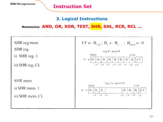 3. Logical Instructions
Instruction Set
80
8086 Microprocessor
Mnemonics: AND, OR, XOR, TEST, SHR, SHL, RCR, RCL …
 