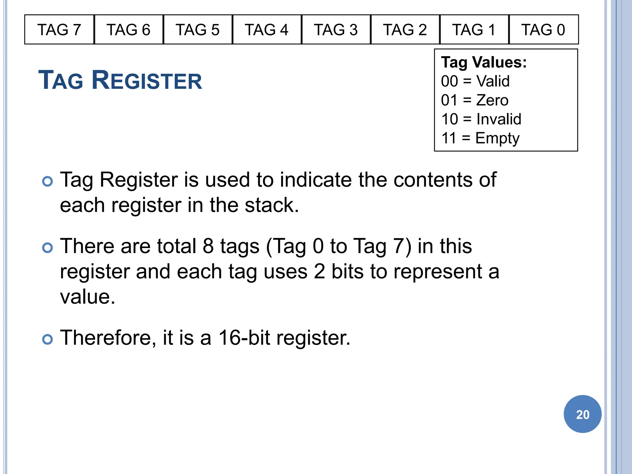 TAG REGISTER
 Tag Register is used to indicate the contents of
each register in the stack.
 There are total 8 tags (Tag 0 to Tag 7) in this
register and each tag uses 2 bits to represent a
value.
 Therefore, it is a 16-bit register.
20
Tag Values:
00 = Valid
01 = Zero
10 = Invalid
11 = Empty
TAG 7 TAG 6 TAG 5 TAG 4 TAG 3 TAG 2 TAG 1 TAG 0
 