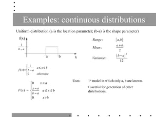 9
Examples: continuous distributions
x
f(x)
ba
Uniform distribution (a is the location parameter; (b-a) is the shape param...