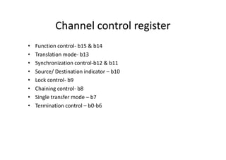 Channel control register
• Function control- b15 & b14
• Translation mode- b13
• Synchronization control-b12 & b11
• Source/ Destination indicator – b10
• Lock control- b9
• Lock control- b9
• Chaining control- b8
• Single transfer mode – b7
• Termination control – b0-b6
 