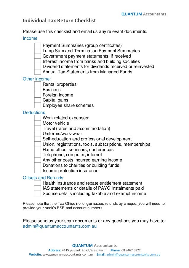 Checklist Tax Return