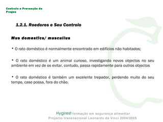 Mus domestics/ muscullus
• O rato doméstico é normalmente encontrado em edifícios não habitados;
• O rato doméstico é um animal curioso, investigando novos objectos no seu
ambiente em vez de os evitar, contudo, passa rapidamente para outros objectos
• O rato doméstico é também um excelente trepador, perdendo muito do seu
tempo, caso possa, fora do chão.
Controlo e Prevenção de
Pragas
1.2.1. Roedores e Seu Controlo
 