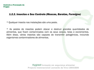 1.2.2. Insectos e Seu Controlo (Moscas, Baratas, Formigas)
• Qualquer insecto nas instalações são uma peste.
• As pestes de insectos podem atacar e destruir grandes quantidades de
alimentos, que ficam contaminados com os seus corpos, teias e excrementos.
Além disso, vários insectos são capazes de transmitir patogénicos, incluindo
organismos contaminadores de alimentos.
Controlo e Prevenção de
Pragas
 