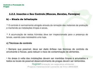 b) – Sinais de infestação
• O controlo é normalmente atingido através da remoção dos materiais de produção
e mantendo as instalações limpas e secas.
• A acumulação de restos húmidos deve ser inspeccionada para a presença de
larvas, usando caso necessário uma lupa.
c) Técnicas de controlo
• Sempre que possível, deve ser dado ênfase nas técnicas de controlo da
envolvente e físicas, para reduzir o risco de contaminação de alimentos.
• As áreas à volta das instalações devem ser mantidas limpas e arrumadas e
todos os locais de possível desenvolvimento de pragas devem ser removidos.
Controlo e Prevenção de
Pragas
1.2.2. Insectos e Seu Controlo (Moscas, Baratas, Formigas)
 