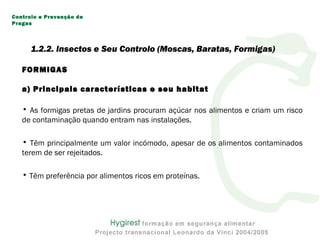 FORMIGAS
a) Principais características e seu habitat
• As formigas pretas de jardins procuram açúcar nos alimentos e criam um risco
de contaminação quando entram nas instalações.
• Têm principalmente um valor incómodo, apesar de os alimentos contaminados
terem de ser rejeitados.
• Têm preferência por alimentos ricos em proteínas.
Controlo e Prevenção de
Pragas
1.2.2. Insectos e Seu Controlo (Moscas, Baratas, Formigas)
 
