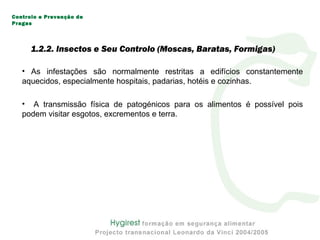 • As infestações são normalmente restritas a edifícios constantemente
aquecidos, especialmente hospitais, padarias, hotéis e cozinhas.
• A transmissão física de patogénicos para os alimentos é possível pois
podem visitar esgotos, excrementos e terra.
Controlo e Prevenção de
Pragas
1.2.2. Insectos e Seu Controlo (Moscas, Baratas, Formigas)
 