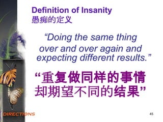 45
“Doing the same thing
over and over again and
expecting different results.”
“重复做同样的事情
却期望不同的结果”
Definition of Insanity
愚痴的定义
 