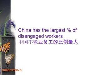 China has the largest % of
disengaged workers
中国不敬业员工的比例最大
 