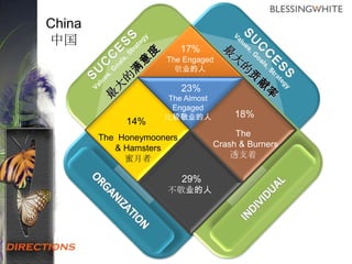 The Honeymooners
& Hamsters
蜜月者
The Engaged
敬业的人
The Almost
Engaged
比较敬业的人
The
Crash & Burners
透支着
不敬业的人
17%
23%
14%
29%
18%
China
中国
 