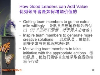 60
How Good Leaders can Add Value
优秀领导者是如何增加价值的
• Getting team members to go the extra
mile willingly 让队员自愿地作额外的付
出（行千里而不劳者，行于无人之地也）
• Inspire team members to generate more
creative solutions 启发队员，使他们
能够更富有创意地解决问题
• Motivating team members to take
initiative with the appropriate actions 激
励队员，使他们能够自主地采取合适的措
施与行动
 