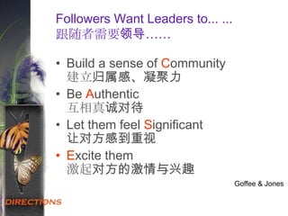 Followers Want Leaders to... ...
跟随者需要领导……
• Build a sense of Community
建立归属感、凝聚力
• Be Authentic
互相真诚对待
• Let them feel Significant
让对方感到重视
• Excite them
激起对方的激情与兴趣
Goffee & Jones
 