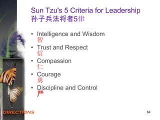 64
Sun Tzu's 5 Criteria for Leadership
孙子兵法将者5律
• Intelligence and Wisdom
智
• Trust and Respect
信
• Compassion
仁
• Courage
勇
• Discipline and Control
严
 