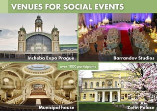 VENUES FOR SOCIAL EVENTS
Municipal house
Incheba Expo Prague
Zofin Palace
Barrandov Studios
over 1000 participants
 