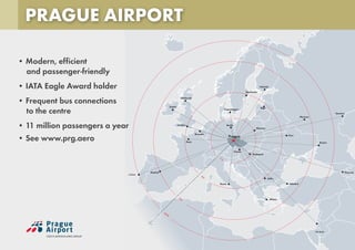 2
h
1
h
3
h
3,5
h
London
Stockholm
Helsinki
Riga
Edinburgh
Dublin
Paris
Madrid
Lisbon
Brussels
Rome
Budapest
Yerevan
Moscow
Samara
Rostov
Kiev
Warsaw
Vienna
Istanbul
Sofia
Athens
Tel Aviv
Prague
Berlin
Copenhagen
PRAGUE AIRPORT
• Modern, efficient
and passenger-friendly
• IATA Eagle Award holder
• Frequent bus connections
to the centre
• 11 million passengers a year
• See www.prg.aero
 