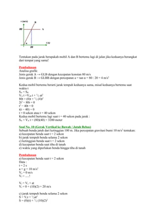 Tentukan pada jarak berapakah mobil A dan B bertemu lagi di jalan jika keduanya berangkat
dari tempat yang sama!
Pembahasan
Analisa grafik:
Jenis gerak A → GLB dengan kecepatan konstan 80 m/s
Jenis gerak B → GLBB dengan percepatan a = tan α = 80 : 20 = 4 m/s2
Kedua mobil bertemu berarti jarak tempuh keduanya sama, misal keduanya bertemu saat
waktu t
SA = SB
VA t =VoB t + 1/2 at2
80t = (0)t + 1/2 (4)t2
2t2 − 80t = 0
t2 − 40t = 0
t(t − 40) = 0
t = 0 sekon atau t = 40 sekon
Kedua mobil bertemu lagi saat t = 40 sekon pada jarak :
SA = VA t = (80)(40) = 3200 meter
Soal No. 10 (Gerak Vertikal ke Bawah / Jatuh Bebas)
Sebuah benda jatuh dari ketinggian 100 m. Jika percepatan gravitasi bumi 10 m/s2 tentukan:
a) kecepatan benda saat t = 2 sekon
b) jarak tempuh benda selama 2 sekon
c) ketinggian benda saat t = 2 sekon
d) kecepatan benda saat tiba di tanah
e) waktu yang diperlukan benda hingga tiba di tanah
Pembahasan
a) kecepatan benda saat t = 2 sekon
Data :
t=2s
a = g = 10 m/s2
Vo = 0 m/s
Vt = .....!
Vt = Vo + at
Vt = 0 + (10)(2) = 20 m/s
c) jarak tempuh benda selama 2 sekon
S = Vot + 1/2at2
S = (0)(t) + 1/2 (10)(2)2

 