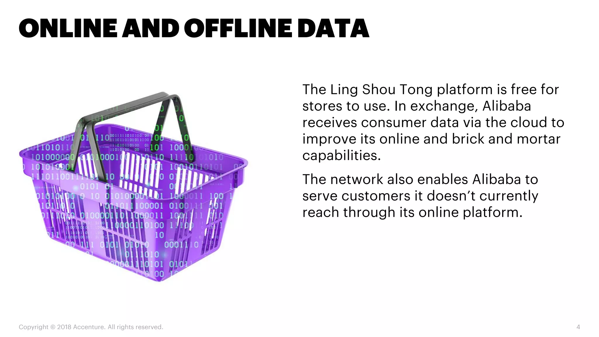 ONLINE AND OFFLINE DATA
Copyright © 2018 Accenture. All rights reserved. 4
The Ling Shou Tong platform is free for
stores to use. In exchange, Alibaba
receives consumer data via the cloud to
improve its online and brick and mortar
capabilities.
The network also enables Alibaba to
serve customers it doesn’t currently
reach through its online platform.
 