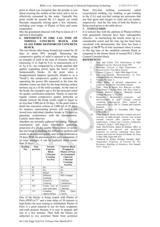 Baksi, et al., International Journal of Advanced Engineering Technology E-ISSN 0976-3945
Int J Adv Engg Tech/Vol. VI/Issue I/Jan.-March,2015/
point at which you recognize that the powder is just
about covering the surface of the water and is not as
effectively consumed by the water. Typically this
point would be around the 2:1 degree yet could
fluctuate marginally relying upon a few elements,
including your image of Plaster of Paris and water
temperature.
Mix the granulated charcoal with Pop in ration of 1:5
and mix it thoroughly.
6. DIFFERENCE IN FIRE LAG TIME OF
NORMAL CONCRETE BLOCK AND
GLASS FIBRE REINFORCED CONCRETE
BLOCK
The two blocks after being formed and casted for 28
days to attain 90% strength. Measuring the
compressive quality of solid is attained to by taking
an example of solid at the time of situation. Barrels,
measuring 12 in. high by 6 in. in measurement, or 8
in. by 4 in., are compacted by a break machine that
applies expanding power upon the barrel until it
fundamentally breaks. At the point when a
disappointment happens (generally alluded to as a
"break"), the compressive quality is measured by
separating the power (lb) measured at the time the
chamber comes up short by the heap bearing surface
territory (sq in.) of the solid example. At the time of
the break, the example's age is for the most part noted
for quality certification purposes. Thusly, to meet the
regular cement compressive quality particular as
already noticed, the break results ought to figure to
no less than 5,000 psi at 28 days. At the point when a
detail has execution criteria of 5,000 psi at 28 days,
for instance, representing powers will need a test
record (two individual chamber breaks at 28 days) to
guarantee conformance with the determination.
Luckily, more than two
chambers are normally gathered for testing. Through
examination and exact information gathering,
projection of a 28-day quality from a three- or seven-
day test break is anything but difficult to perform and
results in an expected quality near to that deliberate at
28 days. With the precision of this early estimation, if
an issue emerges, it can be explored much sooner
than 28 days.
One of the blocks is being coated with Plaster of
Paris (POP) of 2” and a time delay of 30 minutes is
kept before the next coating in refurbished. Plaster of
Paris is a great material to use for basic sculptures
and craft projects because it is easy to prepare and
sets in a few minutes. Then both the blocks are
subjected to oxy acetylene flame from acetylene
flame Oxy-fuel welding (commonly called
oxyacetylene welding, oxy welding, or gas welding
in the U.S.) and oxy-fuel cutting are processes that
use fuel gases and oxygen to weld and cut metals,
respectively. And the fire time of both the blocks is
being noted given in the table above.
7. CONCLUSION
It is noticed that with the addition of Plaster-of-Paris
with granulated charcoal have been subsequently
effective in maintaining the tensile stress up to a
considerable extent and the time lag has been been
calculated with demonstrates that there has been a
change of 16.75 % of time increment when it comes
to fire lag time of the modified concrete block as
compared to the former block of normal PCC ( Plain
Cement Concrete) block.
REFERENCES
1. Phan and Carino, Fire Performance of High
Strength Concrete: Research Needs,1997.
2. Schneider, Concrete at High Temperature : A
General review, Fire Safety Journal
3. Volume 13, Issue 1, 7 April 1988, Pages 55–68.
4. Lin, Lin, Couche, Microstructures of Fire-
Damaged Concrete, Materials Journal
5. Volume: 93, Issue: 3.
6. Arioz, Effects of elevated temperatures on
properties of concrete, Fire Safety Journal.
7. Chan , Peng & Anson, Fire Behavior of High-
Performance Concrete Made with Silica Fume at
Various Moisture Contents, Materials Journal
Volume: 96,Issue: 3, 5/1/1999
8. Noumowe, Mechanical properties and
microstructure of high strength concrete
containing polypropylene fibres exposed to
temperatures up to 200 °C, Cement and Concrete
Research
9. Volume 35, Issue 11, November 2005, Pages
2192–2198.
10. Chan, Peng & Anson, Residual strength and pore
structure of high-strength concrete and normal
strength concrete after exposure to high
temperatures, Cement and Concrete Composites
,Volume 21, Issue 1, 1999, Pages 23–27.
11. Saad, Abo-El-Enein, Hanna & Kotkata, Effect of
temperature on physical and mechanical
properties of concrete containing silica fume,
Cement and Concrete Research,Volume 26, Issue
5, May 1996, Pages 669–675.
12. Venkatesh K, Kodur, Dwaikat, Dwaikat, High-
Temperature Properties of Concrete for Fire
Resistance Modeling of Structures, Fire Journal:
Vol 3 : Issue 2.1.
 