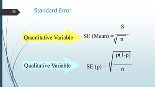 Standard Error
SE (Mean) =
S
n
SE (p) =
p(1-p)
n
Quantitative Variable
Qualitative Variable
38
 
