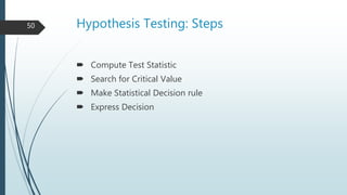 Hypothesis Testing: Steps
 Compute Test Statistic
 Search for Critical Value
 Make Statistical Decision rule
 Express Decision
50
 