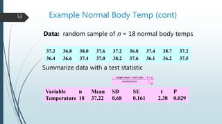 Example Normal Body Temp (cont)
n
s
x
t 0
errorstandard
valuenullmeansample 



Data: random sample of n = 18 normal body temps
37.2 36.8 38.0 37.6 37.2 36.8 37.4 38.7 37.2
36.4 36.6 37.4 37.0 38.2 37.6 36.1 36.2 37.5
Variable n Mean SD SE t P
Temperature 18 37.22 0.68 0.161 2.38 0.029
Summarize data with a test statistic
53
 