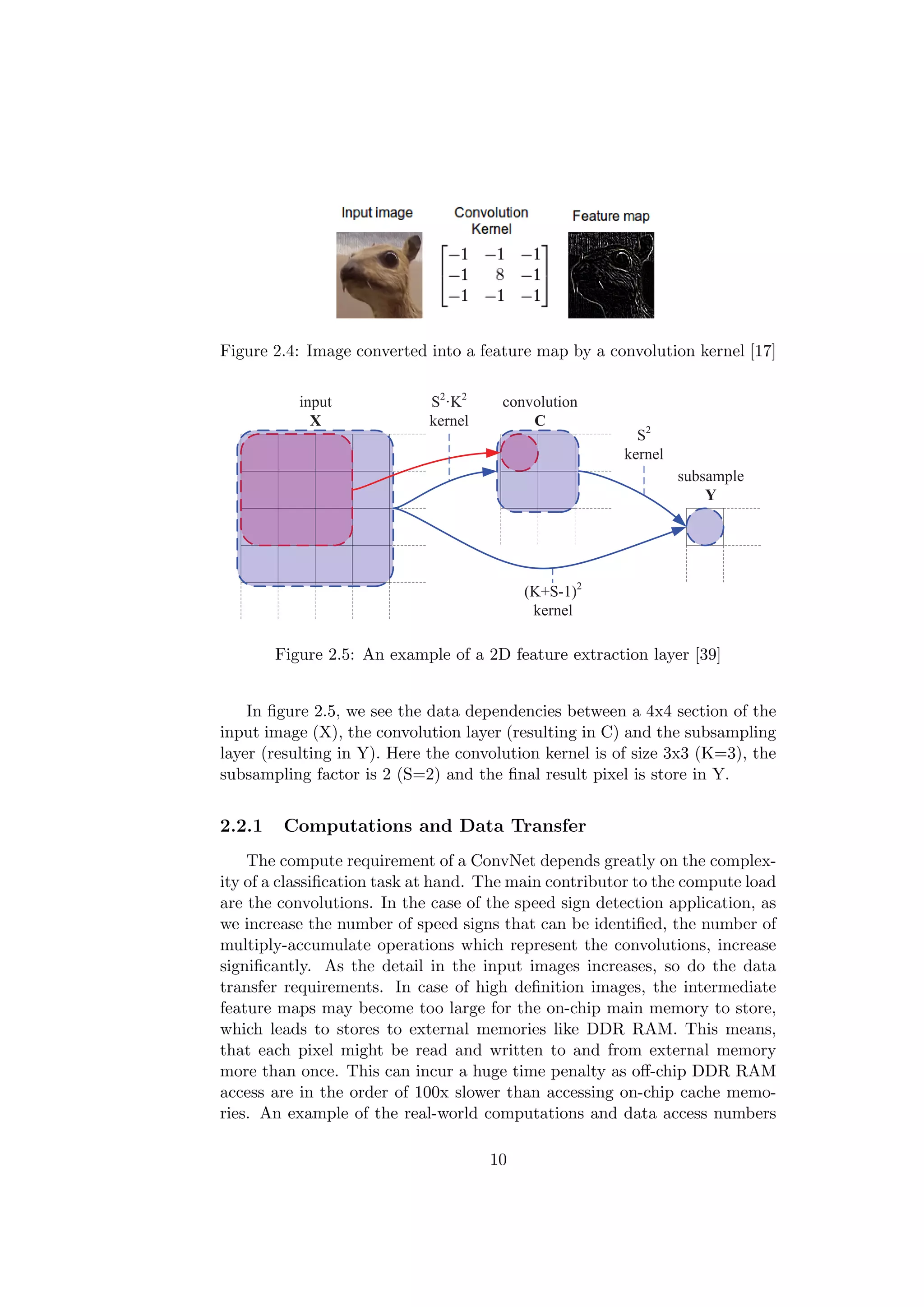 Figure 2.4: Image converted into a feature map by a convolution kernel [17]
input
X
subsample
Y
convolution
C
S2
·K2
kernel
(K+S-1)2
kernel
S2
kernel
Fig. 3. Feature extraction layer example with 2d-convolution kernel size K=3 and
subsample factor S=2, data dependencies are visualized from input to CL and SL. For
the merged method of operation there is no need for a middle CL.
operations are merged; this is only possible if the activation function of the CL
is linear. The merged expression with corresponding coeﬃcients is derived by
substitution of the CL expression (1) with a linear activation function into the
SL expression (3).
y[m, n] = φs(bs + u
S−1
i=0
S−1
j=0
c[mS + i, nS + j])
=φs(bs + u
S−1
i=0
S−1
j=0
φc(bc +
K−1
k=0
K−1
l=0
v[k, l]x[mS + i + k, nS + j + l]))
= ˜φ(˜b +
K+S−2
k=0
K+S−2
l=0
˜v[k, l]x[mS + k, nS + l])
(5)
The enlarged kernel ˜v is constructed from all coeﬃcients that are multiplied with
each input value x. The new bias ˜b is the CL bias multiplied by u and added
to the SL bias. From Fig. 3 and (5) is concluded that merging a linear CL and
a SL result in a reduction of MACC operations while retaining the functional
correctness. With the signiﬁcant reduction of MACC operations the number of
memory accesses is also reduced because there is no intermediate storage of a CL.
Figure 2.5: An example of a 2D feature extraction layer [39]
In ﬁgure 2.5, we see the data dependencies between a 4x4 section of the
input image (X), the convolution layer (resulting in C) and the subsampling
layer (resulting in Y). Here the convolution kernel is of size 3x3 (K=3), the
subsampling factor is 2 (S=2) and the ﬁnal result pixel is store in Y.
2.2.1 Computations and Data Transfer
The compute requirement of a ConvNet depends greatly on the complex-
ity of a classiﬁcation task at hand. The main contributor to the compute load
are the convolutions. In the case of the speed sign detection application, as
we increase the number of speed signs that can be identiﬁed, the number of
multiply-accumulate operations which represent the convolutions, increase
signiﬁcantly. As the detail in the input images increases, so do the data
transfer requirements. In case of high deﬁnition images, the intermediate
feature maps may become too large for the on-chip main memory to store,
which leads to stores to external memories like DDR RAM. This means,
that each pixel might be read and written to and from external memory
more than once. This can incur a huge time penalty as oﬀ-chip DDR RAM
access are in the order of 100x slower than accessing on-chip cache memo-
ries. An example of the real-world computations and data access numbers
10
 
