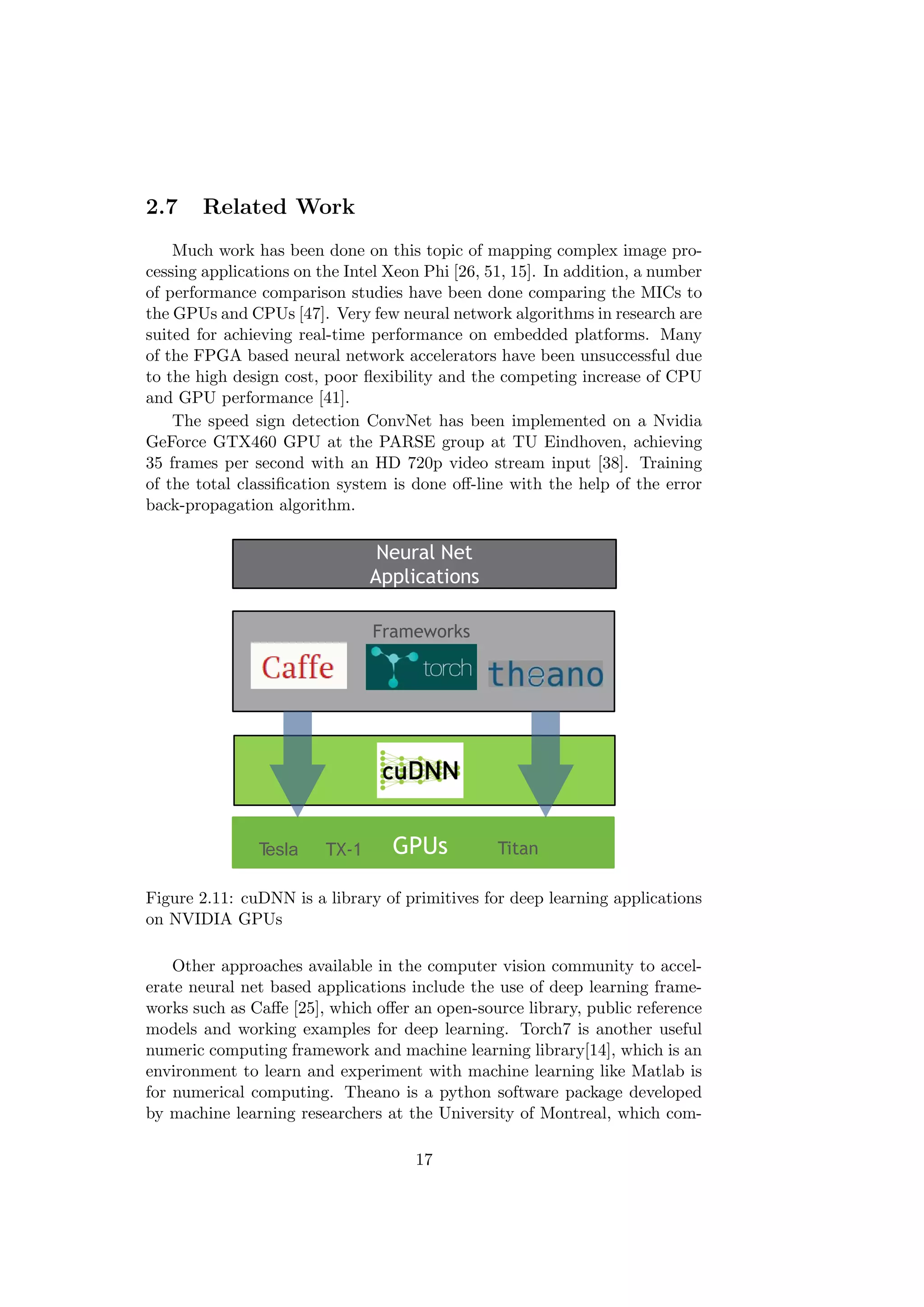 2.7 Related Work
Much work has been done on this topic of mapping complex image pro-
cessing applications on the Intel Xeon Phi [26, 51, 15]. In addition, a number
of performance comparison studies have been done comparing the MICs to
the GPUs and CPUs [47]. Very few neural network algorithms in research are
suited for achieving real-time performance on embedded platforms. Many
of the FPGA based neural network accelerators have been unsuccessful due
to the high design cost, poor ﬂexibility and the competing increase of CPU
and GPU performance [41].
The speed sign detection ConvNet has been implemented on a Nvidia
GeForce GTX460 GPU at the PARSE group at TU Eindhoven, achieving
35 frames per second with an HD 720p video stream input [38]. Training
of the total classiﬁcation system is done oﬀ-line with the help of the error
back-propagation algorithm.
7
GPUs
Frameworks
Neural Net
Applications
Tesla TX-1 Titan
Figure 2.11: cuDNN is a library of primitives for deep learning applications
on NVIDIA GPUs
Other approaches available in the computer vision community to accel-
erate neural net based applications include the use of deep learning frame-
works such as Caﬀe [25], which oﬀer an open-source library, public reference
models and working examples for deep learning. Torch7 is another useful
numeric computing framework and machine learning library[14], which is an
environment to learn and experiment with machine learning like Matlab is
for numerical computing. Theano is a python software package developed
by machine learning researchers at the University of Montreal, which com-
17
 