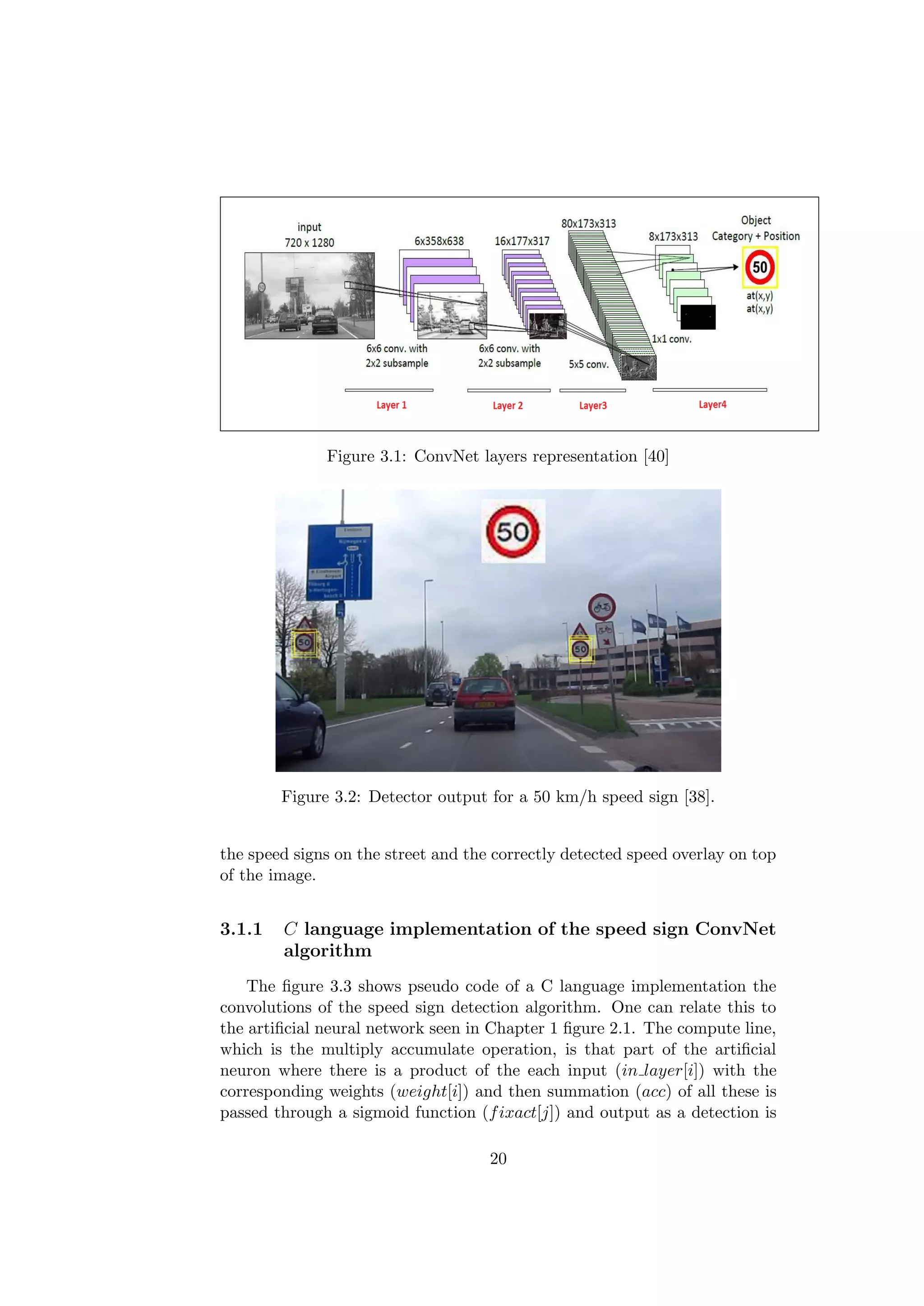 Figure 3.1: ConvNet layers representation [40]
Figure 3.2: Detector output for a 50 km/h speed sign [38].
the speed signs on the street and the correctly detected speed overlay on top
of the image.
3.1.1 C language implementation of the speed sign ConvNet
algorithm
The ﬁgure 3.3 shows pseudo code of a C language implementation the
convolutions of the speed sign detection algorithm. One can relate this to
the artiﬁcial neural network seen in Chapter 1 ﬁgure 2.1. The compute line,
which is the multiply accumulate operation, is that part of the artiﬁcial
neuron where there is a product of the each input (in layer[i]) with the
corresponding weights (weight[i]) and then summation (acc) of all these is
passed through a sigmoid function (fixact[j]) and output as a detection is
20
 