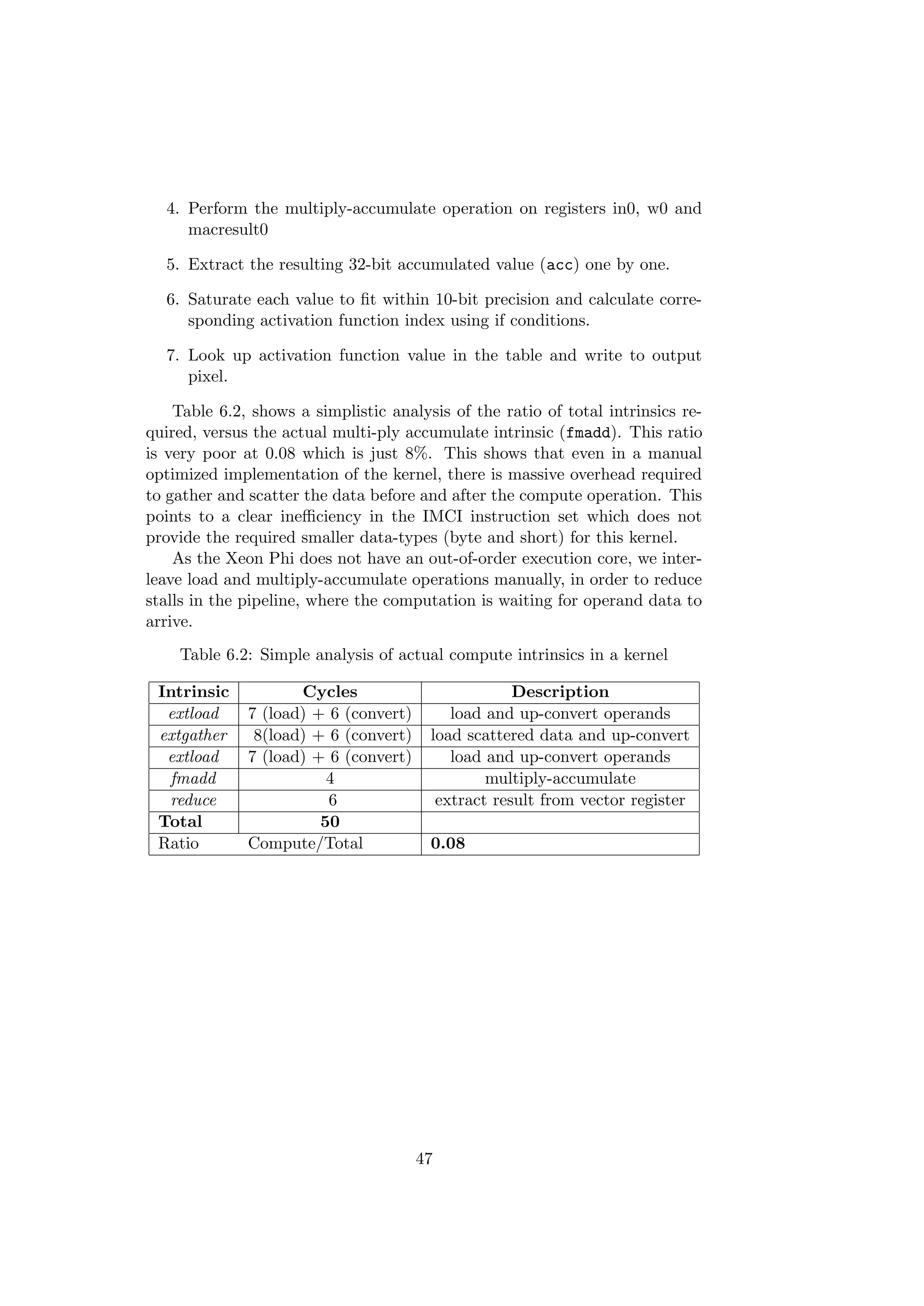 4. Perform the multiply-accumulate operation on registers in0, w0 and
macresult0
5. Extract the resulting 32-bit accumulated value (acc) one by one.
6. Saturate each value to ﬁt within 10-bit precision and calculate corre-
sponding activation function index using if conditions.
7. Look up activation function value in the table and write to output
pixel.
Table 6.2, shows a simplistic analysis of the ratio of total intrinsics re-
quired, versus the actual multi-ply accumulate intrinsic (fmadd). This ratio
is very poor at 0.08 which is just 8%. This shows that even in a manual
optimized implementation of the kernel, there is massive overhead required
to gather and scatter the data before and after the compute operation. This
points to a clear ineﬃciency in the IMCI instruction set which does not
provide the required smaller data-types (byte and short) for this kernel.
As the Xeon Phi does not have an out-of-order execution core, we inter-
leave load and multiply-accumulate operations manually, in order to reduce
stalls in the pipeline, where the computation is waiting for operand data to
arrive.
Table 6.2: Simple analysis of actual compute intrinsics in a kernel
Intrinsic Cycles Description
extload 7 (load) + 6 (convert) load and up-convert operands
extgather 8(load) + 6 (convert) load scattered data and up-convert
extload 7 (load) + 6 (convert) load and up-convert operands
fmadd 4 multiply-accumulate
reduce 6 extract result from vector register
Total 50
Ratio Compute/Total 0.08
47
 