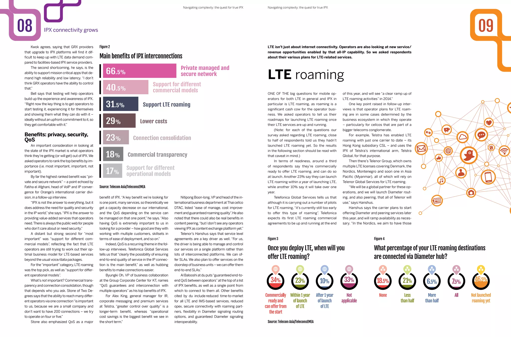 Kwok agrees, saying that GRX providers
that upgrade to IPX platforms will find it dif-
ficult to keep up with LTE data demand com-
pared to facilities-based IPXservice providers.
The second shortcoming, he says, is the
ability to support mission critical apps that de-
mand high reliability and low latency. “I don’t
think GRX operators have the ability to control
that.”
Bell says that testing will help operators
build up the experience and awareness of IPX.
“Right now the key thing is to get operators to
start testing it, experiencing it for themselves
and showing them what they can do with it –
ideallywithoutanupfrontcommitmenttoit,so
they get comfortable with it.”
Benefits: privacy, security,
QoS
An important consideration in looking at
the state of the IPX market is what operators
think they’re getting (or will get) out of IPX.We
askedoperatorstorankthetopbenefitsbyim-
portance (i.e. most important, important, not
important).
By far the highest ranked benefit was“pri-
vate and secure network” – a point echoed by
Fatiha el Afghani, head of VoIP and IP conver-
gence for Orange’s international carrier divi-
sion,in a follow-up interview.
“IPX is not the answer to everything, but it
does address the need for quality and security
in the IP world,”she says.“IPX is the answer to
providing value-added services that operators
need.Thereisalwaysthepublicwebforpeople
who don’t care about or need security.”
A distant but strong second for “most
important” was “support for different com-
mercial models”, reflecting the fact that LTE
operators are still trying to work out their op-
timal business model for LTE-based services
beyond the usual voice/data packages.
For the“important”category,LTE roaming
was the top pick, as well as“support for differ-
ent operational models”.
What’s not important? Commercial trans-
parencyandconnectionconsolidation,though
that depends who you ask. Stone of Two De-
greessaysthattheabilitytoreachmanydiffer-
entoperatorsviaoneconnection“is important
to us, because we are a small company and
don’t want to have 200 connections – we try
to operate on four or five.”
Stone also emphasized QoS as a major
LTE isn’t just about internet connectivity. Operators are also looking at new service/
revenue opportunities enabled by that all-IP capability. So we asked respondents
about their various plans for LTE-related services.
benefit of IPX.“A key benefit we’re looking for
is one point,many services,so theoretically we
get a capacity decrease on our international,
and the QoS depending on the service can
be managed on that one point,” he says.“Also
having QoS is extremely important to us in
looking for a provider – how good are they with
working with multiple customers, skillsets in
terms of ease of deployment,and so on.”
Indeed,QoSisarecurringthemeinthefol-
low-up interviews. Telefonica Global Services
tells us that “clearly the possibility of ensuring
end-to-end quality of service in the IP connec-
tion is the main benefit,” as well as hubbing
benefits to make connections easier.
Byungki Oh, VP of business collaboration
at the Group Corporate Center for KT, names
“QoS guarantees and interconnection with
multiple operators”as his top benefits of IPX.
For Alex King, general manager for IR,
corporate messaging and premium services
at Telstra, “greater control over quality” is a
longer-term benefit, whereas “operational
cost savings is the biggest benefit we see in
the short term.”
One of the big questions for mobile op-
erators for both LTE in general and IPX in
particular is LTE roaming, as roaming is a
significant cash cow for the operator busi-
ness. We asked operators to tell us their
roadmaps for launching LTE roaming once
their LTE services are up and running.
(Note: for each of the questions our
survey asked regarding LTE roaming, close
to half of respondents told us they hadn’t
launched LTE roaming yet. So the results
in the following section should be read with
that caveat in mind.)
In terms of readiness, around a third
of respondents say they’re commercially
ready to offer LTE roaming, and can do so
at launch. Another 23% say they can launch
LTE roaming within a year of launching LTE,
while another 10% say it will take over one
year.
Telefonica Global Services tells us that
although it is carrying out a number of pilots
for LTE roaming,“it’s currently still too early
to offer this type of roaming”. Telefonica
expects its first LTE roaming commercial
agreements to be up and running at the end
LTE roaming
NitipongBoon-long,VPandheadofthein-
ternational business department atThai cellco
DTAC, listed “ease of manage, cost improve-
mentandguaranteedroamingquality”.Healso
noted that there could also be real benefits in
content peering,“but I don’t see any operators
viewing IPXas content exchange platform yet.”
Telenor’s Hanshus says that service level
agreements are a key driver as well. “For us,
the driver is being able to manage and control
our services on a single platform rather than
lots of interconnected platforms. We can of-
fer SLAs. We also plan to offer services on the
doorstepofbusinessunits–wecanofferthem
end-to-end SLAs.”
AlBalooshiatduputs“guaranteedend-to-
end QoS between operators”at the top of a list
of IPX benefits, as well as a single point from
which to connect to them all. Other benefits
cited by du include reduced time-to-market
for all LTE and IMS-based services, reduced
opex, secure connectivity with roaming part-
ners, flexibility in Diameter signaling routing
options, and guaranteed Diameter signaling
interoperability.
IPX connectivity grows 0908
Once you deploy LTE, when will you
offer LTE roaming?
Main benefits of IPX interconnections
Figure 3
Figure 2
What percentage of your LTE roaming destinations
are connected via Diameter hub?
Figure 4
Source: Telecom Asia/TelecomsEMEA
Source: Telecom Asia/TelecomsEMEA
of this year, and will see “a clear ramp up of
LTE roaming activities” in 2014.”
One key point raised in follow-up inter-
views is that operator plans for LTE roam-
ing are in some cases determined by the
business ecosystem in which they operate
– particularly for cellcos that are part of a
bigger telecoms conglomerate.
For example, Telstra has enabled LTE
roaming with just one carrier to date – its
Hong Kong subsidiary CSL – and uses the
IPX of Telstra’s international arm, Telstra
Global, for that purpose.
Then there’s Telenor Group, which owns
multiple LTE licenses covering Denmark, the
Nordics, Montenegro and soon one in Asia
Pacific (Myanmar), all of which will rely on
Telenor Global Services for LTE roaming.
“We will be a global partner for these op-
erations, and we will launch Diameter rout-
ing, and also peering, that all of Telenor will
use,” says Hanshus.
Hanshus says the carrier plans to start
offering Diameter and peering services later
this year, and will ramp availability as neces-
sary. “In the Nordics, we aim to have those
Navigating complexity: the quest for true IPXNavigating complexity: the quest for true IPX
 