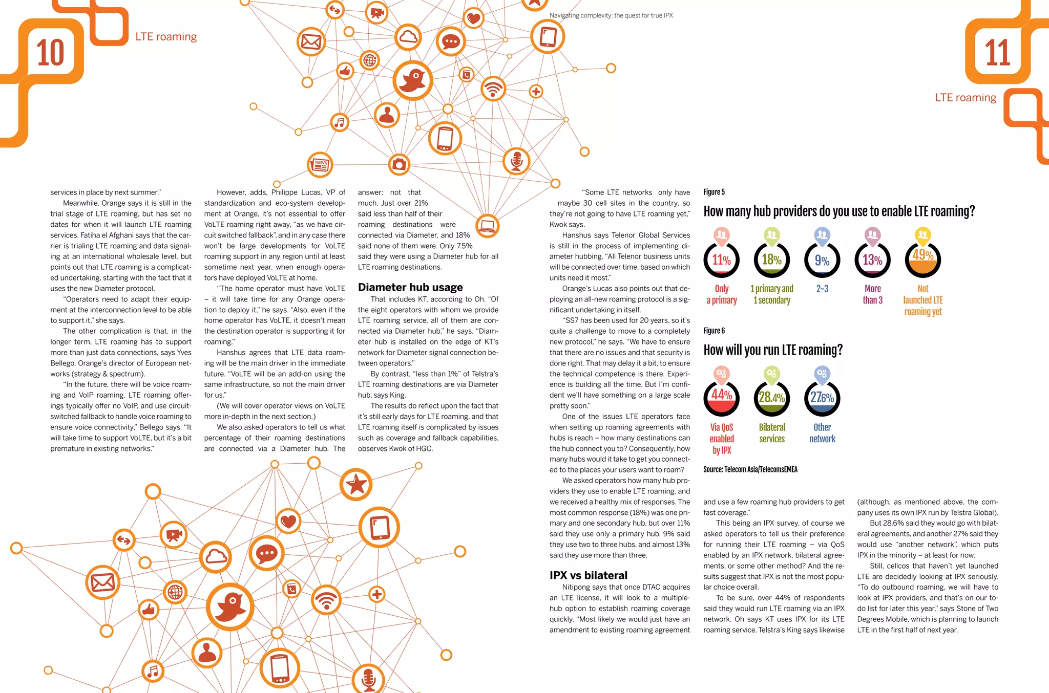 services in place by next summer.”
Meanwhile, Orange says it is still in the
trial stage of LTE roaming, but has set no
dates for when it will launch LTE roaming
services. Fatiha el Afghani says that the car-
rier is trialing LTE roaming and data signal-
ing at an international wholesale level, but
points out that LTE roaming is a complicat-
ed undertaking, starting with the fact that it
uses the new Diameter protocol.
“Operators need to adapt their equip-
ment at the interconnection level to be able
to support it,” she says.
The other complication is that, in the
longer term, LTE roaming has to support
more than just data connections, says Yves
Bellego, Orange’s director of European net-
works (strategy & spectrum).
“In the future, there will be voice roam-
ing and VoIP roaming. LTE roaming offer-
ings typically offer no VoIP, and use circuit-
switched fallback to handle voice roaming to
ensure voice connectivity,” Bellego says. “It
will take time to support VoLTE, but it’s a bit
premature in existing networks.”
answer: not that
much. Just over 21%
said less than half of their
roaming destinations were
connected via Diameter, and 18%
said none of them were. Only 7.5%
said they were using a Diameter hub for all
LTE roaming destinations.
Diameter hub usage
That includes KT, according to Oh. “Of
the eight operators with whom we provide
LTE roaming service, all of them are con-
nected via Diameter hub,” he says. “Diam-
eter hub is installed on the edge of KT’s
network for Diameter signal connection be-
tween operators.”
By contrast, “less than 1%” of Telstra’s
LTE roaming destinations are via Diameter
hub, says King.
The results do reflect upon the fact that
it’s still early days for LTE roaming, and that
LTE roaming itself is complicated by issues
such as coverage and fallback capabilities,
observes Kwok of HGC.
1110
LTE roaming
However, adds, Philippe Lucas, VP of
standardization and eco-system develop-
ment at Orange, it’s not essential to offer
VoLTE roaming right away, “as we have cir-
cuit switched fallback”, and in any case there
won’t be large developments for VoLTE
roaming support in any region until at least
sometime next year, when enough opera-
tors have deployed VoLTE at home.
“The home operator must have VoLTE
– it will take time for any Orange opera-
tion to deploy it,” he says. “Also, even if the
home operator has VoLTE, it doesn’t mean
the destination operator is supporting it for
roaming.”
Hanshus agrees that LTE data roam-
ing will be the main driver in the immediate
future. “VoLTE will be an add-on using the
same infrastructure, so not the main driver
for us.”
(We will cover operator views on VoLTE
more in-depth in the next section.)
We also asked operators to tell us what
percentage of their roaming destinations
are connected via a Diameter hub. The
“Some LTE networks only have
maybe 30 cell sites in the country, so
they’re not going to have LTE roaming yet,”
Kwok says.
Hanshus says Telenor Global Services
is still in the process of implementing di-
ameter hubbing. “All Telenor business units
will be connected over time, based on which
units need it most.”
Orange’s Lucas also points out that de-
ploying an all-new roaming protocol is a sig-
nificant undertaking in itself.
“SS7 has been used for 20 years, so it’s
quite a challenge to move to a completely
new protocol,” he says. “We have to ensure
that there are no issues and that security is
done right. That may delay it a bit, to ensure
the technical competence is there. Experi-
ence is building all the time. But I’m confi-
dent we’ll have something on a large scale
pretty soon.”
One of the issues LTE operators face
when setting up roaming agreements with
hubs is reach – how many destinations can
the hub connect you to? Consequently, how
many hubs would it take to get you connect-
ed to the places your users want to roam?
We asked operators how many hub pro-
viders they use to enable LTE roaming, and
we received a healthy mix of responses. The
most common response (18%) was one pri-
mary and one secondary hub, but over 11%
said they use only a primary hub, 9% said
they use two to three hubs, and almost 13%
said they use more than three.
IPX vs bilateral
Nitipong says that once DTAC acquires
an LTE license, it will look to a multiple-
hub option to establish roaming coverage
quickly. “Most likely we would just have an
amendment to existing roaming agreement
Source: Telecom Asia/TelecomsEMEA
How many hub providers do you use to enable LTE roaming?
How will you run LTE roaming?
Figure 5
Figure 6
and use a few roaming hub providers to get
fast coverage.”
This being an IPX survey, of course we
asked operators to tell us their preference
for running their LTE roaming – via QoS
enabled by an IPX network, bilateral agree-
ments, or some other method? And the re-
sults suggest that IPX is not the most popu-
lar choice overall.
To be sure, over 44% of respondents
said they would run LTE roaming via an IPX
network. Oh says KT uses IPX for its LTE
roaming service. Telstra’s King says likewise
(although, as mentioned above, the com-
pany uses its own IPX run by Telstra Global).
But 28.6% said they would go with bilat-
eral agreements, and another 27% said they
would use “another network”, which puts
IPX in the minority – at least for now.
Still, cellcos that haven’t yet launched
LTE are decidedly looking at IPX seriously.
“To do outbound roaming, we will have to
look at IPX providers, and that’s on our to-
do list for later this year,” says Stone of Two
Degrees Mobile, which is planning to launch
LTE in the first half of next year.
LTE roaming
Navigating complexity: the quest for true IPX
 