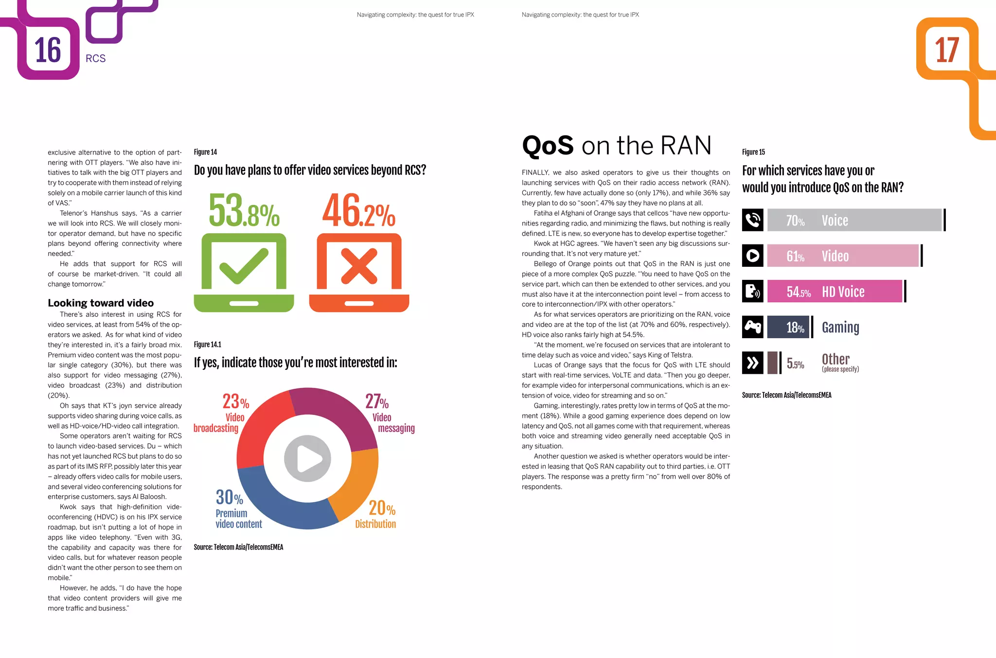 exclusive alternative to the option of part-
nering with OTT players. “We also have ini-
tiatives to talk with the big OTT players and
try to cooperate with them instead of relying
solely on a mobile carrier launch of this kind
of VAS.”
Telenor’s Hanshus says, “As a carrier
we will look into RCS. We will closely moni-
tor operator demand, but have no specific
plans beyond offering connectivity where
needed.”
He adds that support for RCS will
of course be market-driven. “It could all
change tomorrow.”
Looking toward video
There’s also interest in using RCS for
video services, at least from 54% of the op-
erators we asked. As for what kind of video
they’re interested in, it’s a fairly broad mix.
Premium video content was the most popu-
lar single category (30%), but there was
also support for video messaging (27%),
video broadcast (23%) and distribution
(20%).
Oh says that KT’s joyn service already
supports video sharing during voice calls, as
well as HD-voice/HD-video call integration.
Some operators aren’t waiting for RCS
to launch video-based services. Du – which
has not yet launched RCS but plans to do so
as part of its IMS RFP,possibly later this year
– already offers video calls for mobile users,
and several video conferencing solutions for
enterprise customers, says Al Baloosh.
Kwok says that high-definition vide-
oconferencing (HDVC) is on his IPX service
roadmap, but isn’t putting a lot of hope in
apps like video telephony. “Even with 3G,
the capability and capacity was there for
video calls, but for whatever reason people
didn’t want the other person to see them on
mobile.”
However, he adds, “I do have the hope
that video content providers will give me
more traffic and business.”
Source: Telecom Asia/TelecomsEMEA
For which services have you or
would you introduce QoS on the RAN?
Figure 15QoS on the RAN
Finally, we also asked operators to give us their thoughts on
launching services with QoS on their radio access network (RAN).
Currently, few have actually done so (only 17%), and while 36% say
they plan to do so “soon”, 47% say they have no plans at all.
Fatiha el Afghani of Orange says that cellcos “have new opportu-
nities regarding radio, and minimizing the flaws, but nothing is really
defined. LTE is new, so everyone has to develop expertise together.”
Kwok at HGC agrees. “We haven’t seen any big discussions sur-
rounding that. It’s not very mature yet.”
Bellego of Orange points out that QoS in the RAN is just one
piece of a more complex QoS puzzle. “You need to have QoS on the
service part, which can then be extended to other services, and you
must also have it at the interconnection point level – from access to
core to interconnection/IPX with other operators.”
As for what services operators are prioritizing on the RAN, voice
and video are at the top of the list (at 70% and 60%, respectively).
HD voice also ranks fairly high at 54.5%.
“At the moment, we’re focused on services that are intolerant to
time delay such as voice and video,” says King of Telstra.
Lucas of Orange says that the focus for QoS with LTE should
start with real-time services, VoLTE and data. “Then you go deeper,
for example video for interpersonal communications, which is an ex-
tension of voice, video for streaming and so on.”
Gaming, interestingly, rates pretty low in terms of QoS at the mo-
ment (18%). While a good gaming experience does depend on low
latency and QoS, not all games come with that requirement, whereas
both voice and streaming video generally need acceptable QoS in
any situation.
Another question we asked is whether operators would be inter-
ested in leasing that QoS RAN capability out to third parties, i.e. OTT
players. The response was a pretty firm “no” from well over 80% of
respondents.
Do you have plans to offer video services beyond RCS?
If yes, indicate those you’re most interested in:
Figure 14
Figure 14.1
Source: Telecom Asia/TelecomsEMEA
1716 RCS
Navigating complexity: the quest for true IPXNavigating complexity: the quest for true IPX
 