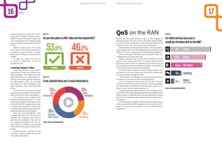 exclusive alternative to the option of part-
nering with OTT players. “We also have ini-
tiatives to talk with the big OTT players and
try to cooperate with them instead of relying
solely on a mobile carrier launch of this kind
of VAS.”
Telenor’s Hanshus says, “As a carrier
we will look into RCS. We will closely moni-
tor operator demand, but have no specific
plans beyond offering connectivity where
needed.”
He adds that support for RCS will
of course be market-driven. “It could all
change tomorrow.”
Looking toward video
There’s also interest in using RCS for
video services, at least from 54% of the op-
erators we asked. As for what kind of video
they’re interested in, it’s a fairly broad mix.
Premium video content was the most popu-
lar single category (30%), but there was
also support for video messaging (27%),
video broadcast (23%) and distribution
(20%).
Oh says that KT’s joyn service already
supports video sharing during voice calls, as
well as HD-voice/HD-video call integration.
Some operators aren’t waiting for RCS
to launch video-based services. Du – which
has not yet launched RCS but plans to do so
as part of its IMS RFP,possibly later this year
– already offers video calls for mobile users,
and several video conferencing solutions for
enterprise customers, says Al Baloosh.
Kwok says that high-definition vide-
oconferencing (HDVC) is on his IPX service
roadmap, but isn’t putting a lot of hope in
apps like video telephony. “Even with 3G,
the capability and capacity was there for
video calls, but for whatever reason people
didn’t want the other person to see them on
mobile.”
However, he adds, “I do have the hope
that video content providers will give me
more traffic and business.”
Source: Telecom Asia/TelecomsEMEA
For which services have you or
would you introduce QoS on the RAN?
Figure 15QoS on the RAN
Finally, we also asked operators to give us their thoughts on
launching services with QoS on their radio access network (RAN).
Currently, few have actually done so (only 17%), and while 36% say
they plan to do so “soon”, 47% say they have no plans at all.
Fatiha el Afghani of Orange says that cellcos “have new opportu-
nities regarding radio, and minimizing the flaws, but nothing is really
defined. LTE is new, so everyone has to develop expertise together.”
Kwok at HGC agrees. “We haven’t seen any big discussions sur-
rounding that. It’s not very mature yet.”
Bellego of Orange points out that QoS in the RAN is just one
piece of a more complex QoS puzzle. “You need to have QoS on the
service part, which can then be extended to other services, and you
must also have it at the interconnection point level – from access to
core to interconnection/IPX with other operators.”
As for what services operators are prioritizing on the RAN, voice
and video are at the top of the list (at 70% and 60%, respectively).
HD voice also ranks fairly high at 54.5%.
“At the moment, we’re focused on services that are intolerant to
time delay such as voice and video,” says King of Telstra.
Lucas of Orange says that the focus for QoS with LTE should
start with real-time services, VoLTE and data. “Then you go deeper,
for example video for interpersonal communications, which is an ex-
tension of voice, video for streaming and so on.”
Gaming, interestingly, rates pretty low in terms of QoS at the mo-
ment (18%). While a good gaming experience does depend on low
latency and QoS, not all games come with that requirement, whereas
both voice and streaming video generally need acceptable QoS in
any situation.
Another question we asked is whether operators would be inter-
ested in leasing that QoS RAN capability out to third parties, i.e. OTT
players. The response was a pretty firm “no” from well over 80% of
respondents.
Do you have plans to offer video services beyond RCS?
If yes, indicate those you’re most interested in:
Figure 14
Figure 14.1
Source: Telecom Asia/TelecomsEMEA
1716 RCS
Navigating complexity: the quest for true IPXNavigating complexity: the quest for true IPX
 