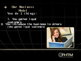 Our Business Model 1. You gather loyal customers You do   2   things: 2. You introduce the business to others (who gather loyal customers) 
