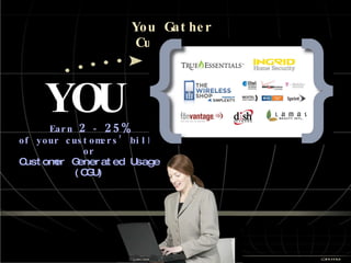 You Gather Customers Earn  2  -  25% of your customers’ bills or Customer Generated Usage (CGU) YOU 