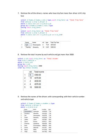 7. Retrieve the all the driver;s names who have trip fare more than driver id 4’s trip
fare
select d.fname,d.lname,v.vid,v.type,sum(t.trip_fare) as 'Total Trip Fare'
from vehicle v,trip t,driver d
where t.vid=v.vid and v.d_id=d.d_id
group by d.fname,d.lname,v.vid,v.type
having sum(t.trip_fare)>
(
select sum(t.trip_fare) as 'Total Trip Fare'
from vehicle v,trip t,driver d
where t.vid=v.vid and v.d_id=d.d_id and d.d_id=4
)
8. Retrieve the total income by each vehicle and got more than 3000
select v.vid,sum(t.trip_fare) as 'Total income'
from trip t,vehicle v
where t.vid=v.vid
group by v.vid
having sum(t.trip_fare)>3000
order by [Total income]
9. Retrieve the names of the drivers with corresponding with their vehicle number
and vehicle type
select d.fname,d.lname,v.vnumber,v.type
from vehicle v,driver d
where v.d_id=d.d_id
 