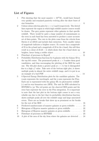 List of Figures
1 Plot showing that the most massive ∼ 1012
M would have formed
very quickly and remained passively evolving after the short burst of
star formation. . . . . . . . . . . . . . . . . . . . . . . . . . . . . . . 6
2 Colour-colour selection plots for z = 4, 5 and 6 respectively. The dotted
lines represent the region in which high redshift massive sources would
be drawn. The grey points represent other galaxies in that speciﬁc
redshift. There would be quite a large number of contaminants so
the error in each band has been narrowed to produce a more accurate
set of data points. The cuts in the plots come from the criteria from
Davies et al (2013) and include dust extinction. Note; smaller values
of magnitude indicates a brighter source. If a source has a magnitude
of 25 in the g-band and a magnitude of 23 in the r-band, this will then
result in a colour of 25-23 = 2, which shows that the r-band shows up
brighter, hence being a redder object. . . . . . . . . . . . . . . . . . . 10
3 Flowchart of processes in HyperZ . . . . . . . . . . . . . . . . . . . . 11
4 Probability Distribution functions for 8 galaxies with the Galaxy ID in
the top left corner. The pronounced peaks at z > 3 makes them good
candidates, and thus encouraging the plotting of the SED for each
one. The 4th plot shows a greater peak at z ∼ 3, but it disregarded
due to a high χ2
value. Take note of the bottom right plot, it shows
multiple peaks in almost the entire redshift range, and it is put in as
an example of a bad PDF. . . . . . . . . . . . . . . . . . . . . . . . . 14
5 8 Spectral Energy Distribution plots for the candidate galaxies. The
x-axis represents the wavelength, and the y-axis represents the Flux.
Each one is represented with the galaxy ID, its photometric redshift
(z) and its star formation rate (SFR). The unit for SFR calculated in
HYPERZ is /yr The red points are the observed SED points and the
error bars represent the error in the Flux integration. It is important
to note that the last plot in the bottom right corner is not a very
reliable one due to the fact that its probability distribution function
shows multiple peaks all over the redshift range and large associated
errors. There are no breaks that show up as prominent as the breaks
for the rest of the SED . . . . . . . . . . . . . . . . . . . . . . . . . . 16
6 Predicted numbercounts of massive galaxies at given redshifts . . . . 21
7 Histogram of Hyperzs massive galaxies at given redshifts . . . . . . . 22
8 Histogram of Hyperzs massive galaxies at given redshifts . . . . . . . 22
9 Flowchart of processes in HYPERZ . . . . . . . . . . . . . . . . . . . 23
10 A plot of the area of the sky from where the galaxies are detected . . 24
3
 