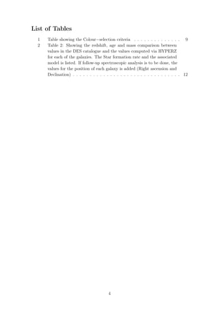 List of Tables
1 Table showing the Colour−selection criteria . . . . . . . . . . . . . . 9
2 Table 2: Showing the redshift, age and mass comparison between
values in the DES catalogue and the values computed via HYPERZ
for each of the galaxies. The Star formation rate and the associated
model is listed. If follow-up spectroscopic analysis is to be done, the
values for the position of each galaxy is added (Right ascension and
Declination) . . . . . . . . . . . . . . . . . . . . . . . . . . . . . . . . 12
4
 