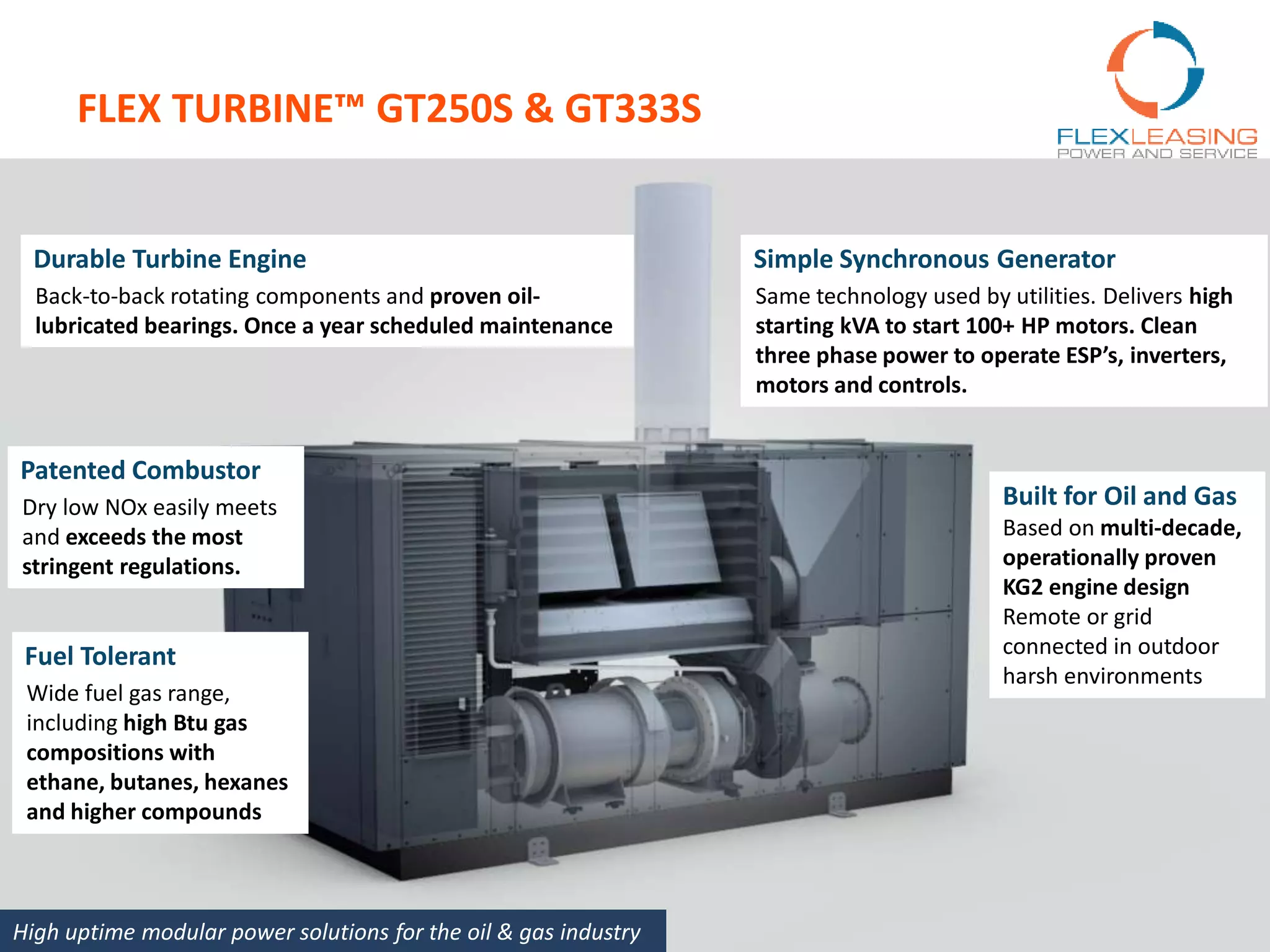 Durable Turbine Engine
Back-to-back rotating components and proven oil-
lubricated bearings. Once a year scheduled maintenance
Built for Oil and Gas
Based on multi-decade,
operationally proven
KG2 engine design
Remote or grid
connected in outdoor
harsh environments
Patented Combustor
Dry low NOx easily meets
and exceeds the most
stringent regulations.
FLEX TURBINE™ GT250S & GT333S
High uptime modular power solutions for the oil & gas industry
Simple Synchronous Generator
Same technology used by utilities. Delivers high
starting kVA to start 100+ HP motors. Clean
three phase power to operate ESP’s, inverters,
motors and controls.
Fuel Tolerant
Wide fuel gas range,
including high Btu gas
compositions with
ethane, butanes, hexanes
and higher compounds
 