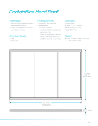 13
ContainAire Hard Roof
Roof Design
• Aluminum tracks available in black or
clear anodized aluminum
• 0.013" (0.3mm) thick clear or trans-
lucent rigid vinyl inserts
Fire Requirements
• Fire resistant vinyl meets the
requirements of
º Class A Fire Rated
º CA State Fire Marshal Listing No.
2200-1622:0100
º Listed by Underwriters Laborato-
ries and FM Global approved for
installation beneath fire sprinklers
Dimensions
• Custom sizes
• Length 75.125" (190.8cm)
• Width 54.16" (137.6cm)
• Depth 1.57" (4cm)
54.16"
(137.6cm
75.125"
(190.8cm)
1.57" (4cm)
Drop Away Panels
• Clear
• Translucent
Weight
• 45 lbs (20.4kgs) - for a 4' x 6' (1.2m
x 1.8m) nominal section
 