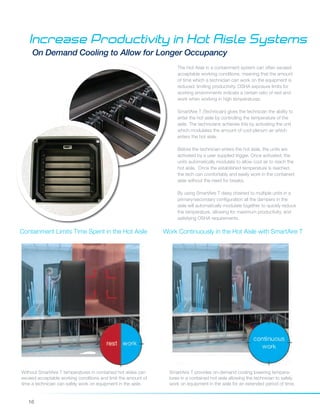 16
Increase Productivity in Hot Aisle Systems
On Demand Cooling to Allow for Longer Occupancy
The Hot Aisle in a containment system can often exceed
acceptable working conditions, meaning that the amount
of time which a technician can work on the equipment is
reduced, limiting productivity. OSHA exposure limits for
working environments indicate a certain ratio of rest and
work when working in high temperatures.
SmartAire T (Technician) gives the technician the ability to
enter the hot aisle by controlling the temperature of the
aisle. The technicians achieves this by activating the unit
which modulates the amount of cool plenum air which
enters the hot aisle.
Before the technician enters the hot aisle, the units are
activated by a user supplied trigger. Once activated, the
units automatically modulate to allow cool air to reach the
hot aisle. Once the established temperature is reached,
the tech can comfortably and easily work in the contained
aisle without the need for breaks.
By using SmartAire T daisy chained to multiple units in a
primary/secondary configuration all the dampers in the
aisle will automatically modulate together to quickly reduce
the temperature, allowing for maximum productivity, and
satisfying OSHA requirements.
Without SmartAire T temperatures in contained hot aisles can
exceed acceptable working conditions and limit the amount of
time a technician can safely work on equipment in the aisle.
Containment Limits Time Spent in the Hot Aisle Work Continuously in the Hot Aisle with SmartAire T
SmartAire T provides on-demand cooling lowering tempera-
tures in a contained hot aisle allowing the technician to safely
work on equipment in the aisle for an extended period of time.
 