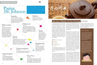 !
Chinese chengyus ( ), or proverbial idioms
usually composed of four characters, are integral
to Chinese language and culture.
Etymologically, cheng ( ) means “to become”
and yu ( ) describes language. That said,
chengyu can be literally understood as “becom-
ing part of a language.” Generally derived from
classical literature, these four-character phrases
are intimately connected to China’s historical
stories, myths, and fables. They often contain
multiple layers of meaning and reflect the mor-
als behind the stories rather than simply the
stories themselves.
Translated literally, this chengyu means “dif-
ferent in approaches but equally satisfactory in
results,” or “different paths can take one to the
same goal.”
This specific chengyu originated from an
essay by Han Yu, one of the greatest liter-
ary masters during the Tang Dynasty (circa
AD 600). In this essay, Han Yu discussed
two of the most renowned ancient poets:
Sima Xiangru and Yang Xiong. These two
poets were both from the Western Han
Dynasty period (around 200 BC), but they
ABOUT THE HÉ-MAN
The story of Jesse He (rhymes with
“the”, as opposed to “hee”) begins
in Nanjing, a city in China’s Jiangsu
Province. Since he was young, Jesse
has been strongly interested in both
Eastern and Western philosophy,
which in turn inspired him to travel
the world and immerse himself in
the cultures he had previously only
read about in books.
Currently living in Boston, Jesse has
also lived in both North Carolina
and New York, where he taught
Mandarin. In China, Jesse has lived
in Guangzhou, where he perfected
his Cantonese, as well as Beijing
and Nanjing. At CSOFT, Jesse has
played an instrumental role in shap-
ing the company’s philosophy of
dedicated customer service. In his
spare time, Jesse enjoys reading,
spending time with his family, and
regaling his colleagues with tales of
Chinese history and explanations of
esoteric idioms.
composed with wildly differing styles (the
former flamboyant and lavish, the latter
direct and critical). Despite conflicting and
opposing styles, the two poets were equally
successful and their poems were both
widely popular.
While there does not appear to be an
English idiomatic equivalent, this Chinese
chengyu does, however, hold connotations
of “coincidence and harmony of oppo-
sites” found in the philosophical thought
of Heraclitus, a pre-Socratic Greek philoso-
pher. A good example is expressed in this
aphorism of his: “The road up and the road
down is [sic] one and the same.” Its mean-
ing could also be traced back to the Roman
Empire, with the popular modern saying
“all roads lead to Rome.” From here we see
that the ancient wisdom of the Greeks, the
Romans, and the Chinese is yiqutonggong:
they are like three musical instruments,
unique and different to one another, yet
equally melodic and appealing.
Applied to today’s increasingly globalized
world, yiqutonggong is still just as relevant
as it was centuries ago. As opportunities
to gain exposure to new cultures, ideolo-
gies, and methodologies become ever more
prevalent, this chengyu reinforces the idea
that there is more than one way to reach
a given goal. Other methods may be less
familiar, but that doesn’t make them any
Hé-man: Master of the Chengyuniverse
less effective. Whether applied to business
or general life, this chengyu provides a novel
perspective with regard to viewing, embrac-
ing, and valuing differences.
COMMUNICATION
Paging
Dr. Johnson
The English language has more words in it
than any other, but there are still hundreds of
words – hidden away in foreign languages
where native speakers are unlikely to find them
– which don’t have a counterpart in English.
Here’s a selection of some of our favorites.
Shemomedjamo
(Georgian)
To eat past the point of being sated
just because the food is so good.
Hikikomori
(Japanese)
A young person who has with-
drawn from public life and spends
all their time watching TV, surfing
the net, or playing games. In most
places, we would call such a person
a “teenager.”
Pilkunnussija
(Finnish)
A person who believes it’s
their duty to correct all
grammatical mistakes at
the cost of popularity,
self-esteem and mental
wellbeing. (A particularly
useful word when consid-
ering the pedants who put
this magazine together.)
Zhaghzhagh
(Persian)
Say this word out loud
and you can probably
guess the meaning: the
chattering of teeth from
the cold or rage.
Yuputka
(Ulwa, Nicaragua & Honduras)
A word to describe the feeling of
walking in the woods at night, the
spectral sensation of something
crawling over your skin.
Kummerspeck
(German)
Excess weight gained from
emotional overeating. The
literal, and quite delightfully
fitting, translation is grief bacon.
Pelinti
(Buli, Ghana)
Specifically, “pelinti” means “to move
hot food around in your mouth.”
What it refers to is the practice of
opening your mouth when it’s full of
hot food to try and cool it down.
Cafune
(Brazilian Portuguese)
To tenderly run your fingers
through your lover’s hair.
Tartle
(Scottish Gaelic)
The word for that
panicked feeling just
before you have to
introduce someone
whose name you
have forgotten.
Pana Po'o
(Hawaiian)
To scratch your head in order to help
you remember something you might
have forgotten – which from now on,
will probably be the word pana po’o.
38 39
 