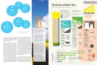 Imagine what a modern day Silk
Road would look like, considering
the technology, innovative thought,
history, and experience accumulated
over the last two millennia.
In 2010, an Italian team from OFL
Architecture responded to an
international competition organized
by design and management firm
Newitalianblood. The competition,
entitled “Map of the Silk Road,”
invited participants to present creative
interpretations of the recovery,
modernization, or reinvention of the
Silk Road trading routes.
The winning team designed a project
called Silk Road Map Evolution
(SRME), conceived via an examination
of the commonly problematic and
challenging consequences that result
from a typical urban structure – namely
congestion, immobility, and non
sustainability. Reflecting the East-to-
West connection of the historical Silk
Road trading routes, SRME extends
from Venice to Xian, Shanghai to
Tokyo, incorporating significant
advances in technology along the way.
Composed of both inhabitable,
sustainable towers and a railway
system designed to travel on
gravitational polarized fields, OFL’s
project replaces trading routes with
a linear, integrated infrastructure that
acts as a living urban generator and
economic pump to extend life support
to smaller, micro-cities along its path.
of
SILK
Threads
or the more internationally recognized
Grindr and Blendr, to make it possible for
app users to find one another, meet people,
and make new friends.
When not gaming or socializing, Chinese
smartphone users spend a fair amount
of time browsing the Internet. One app
designed to make mobile web-browsing
easier and more fun is Dolphin, created by
Chinese mobile app developer Mobotap.
Dolphin expands on custom browser fea-
tures by offering tabbed browsing, webzine
displays, and speech searches. Best of all,
Dolphin also includes gesture browsing,
which incorporates the multi-touch func-
tion of most smartphones and enables the
user to access features and load websites
with a few personally programmed strokes
of the screen. Despite initially targeting
Chinese users, the app has been localized
to support over 20 languages worldwide.
One common thread among the most pop-
ular and successful apps in China is this:
they’re free. It seems Chinese app users
are unwilling to pay money just to access
content. App developers like Tencent have
caught on to this consumer disposition,
making their apps free, while providing
attractive in-app purchases. In-app pur-
chases rely on users becoming reliant on
(or, in the case of certain gaming apps,
“addicted to”) the app, offering upgradable
service, greater usability, or competitive
advantages (for gaming apps) that users are
happy to fork over money for – the free app
they downloaded having become an intrin-
sic part of their lives.
No matter the average Chinese consumer’s
inclinations, there is a massive market as yet
untapped in China. Understanding what
Chinese smartphone users desire in their apps
isjustthefirststeptopenetratingthatmarket.
of the Chinese population – over
a billion people – registered as
mobile phone users
of the global smartphone
market represented by
China as of Q1 2012
estimated revenue from
Chinese mobile internet
users in 2011
representation
by USA
3G users
in China
mobile internet users
in China not on a
3G network
76%
22%
billion$13.7
16%
160million
431million
*Research from technology analyst firm Canalys and
market research group Analysys International,
Techrice.com, and chinainternetwatch.com
(81.4%) Fossil Fuels: 117,095 TWh
(10.6%) Other Renewables: 15,284 TWh
(5.8%) Nuclear energy: 8,283 TWh
(2.2%) Hydro: 3,208 TWh
TOTAL GLOBAL
ENERGY CONSUMPTION
BREAK DOWN OF TOTAL
GLOBAL ENERGY SUPPLY
PROJECTEDNATIONAL
SHALEGASPOTENTIAL
107
272.5
110 396
38862
159 231
862
1,275
China*
U.S.
Australia
Canada
Algeria
Proved Nat. Gas Reserves (Tcf) Technically Recoverable Shale Gas Resource (Tcf)
WORLDWIDE
ENERGY
STORAGE
CAPACITY
2011:
121 MW – enough
to fully charge
17,285,714 iPhones
2021:
12,353 MW – enough
to fully charge
1,764,714,286 iPhones
1990354
2000406
2008505
2015573
2020619
2025671
2030721
2035770
QuadrillionBtu
THE FUTURE OF ENERGY TECH
Just 1 MW of
wind energy
could power up
to 400 homes
without emitting
any CO2
.
By replacing an
electric water heater
in an average house-
hold with a solar
one, the long-term
benefits amount to
preventing more
than 50 tons of CO2
emissions.
Average car in the
US emits
50 tons of CO2
every
6 months
Exercising athletes
exhale about
20 lbs of CO2
per day.
In 2008, nuclear
power prevented
an estimated 690
million metric
tons of CO2
from
entering the atmo-
sphere, equivalent
to the amount of
CO2
emitted after
210 flights around
the world.
Replacing one
month’s use of
fossil fuels with
100 kWhs of
wind power is
comparable to keeping your car off
the road for 2,400 miles (3,862 km).
A 1 kWh photovol-
taic system would
prevent 300 lbs
(136 kg) of CO2
gas from being
emitted, roughly
equivalent to the
amount of CO2
ex-
haled by a rugby
team (15 players)
on game day.
*According to current projections, China stands to gain
the most from shale gas extraction. Unconventional gas
has the potential to increase national gas reserves by
approximately 1000%.
There are over
400 nuclear power
plants worldwide.
A wind farm
generating
1000 MW takes
up 50-150 km2
of land.
A 1000 MW solar
or photovoltaic
park takes up 20-
50 km2
of land.
For a 1000 MW
nuclear plant, site
requirements are
estimated to be
1-4 km2
.
L.A. N.Y.
(100%) Total world energy:143,851 TWh
**Research gathered from US Energy Information Administration, Solar Energy International, NREL, Our-energy.com, elitefeet.com, EPA, IEA, Pike Research, and Halliburton.
Tcf – Trillion cubic feet
kWh – kilowatt-hoursMW – Megawatts
TWh – Terrawatt-hours
Quadrillion British Thermal Units (Btu) =
33,430 MW, which can power 13,372,000
average homes in a developed nation.
As the global demand for energy grows, so too does the need for innovative solutions. Below is a
visual depiction of the future of energy consumption, storage, and resources.
Beijing,
China
210 Round trips
Buenos Aires,
Argentina
=10 homes
TECHNOLOGY
8 9
 