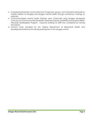 Refugee Mental Health Summit 2016 Page 4
 Increased participation and involvement of agencies, groups, and interested individuals on
matters related to refugees and refugee mental health through conference, trainings, or
webinars
 Community-based mental health trainings were conducted using refugee developed
curriculum on Community Mental Health Awareness Session (CoMHAS) and Question-Refer-
Persuade Gatekeepers Program. Capacity building for QPR was considered by training
the trainers.
 Contact hours provided by the Virginia Department of Behavioral Health and
Developmental Services for full-day participation in the refugee summit.
 
