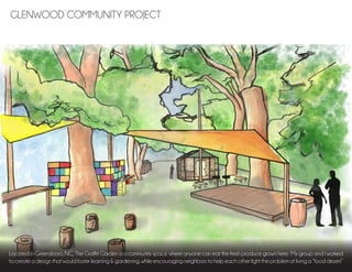Located in Greensboro, NC, The Graffiti Garden is a community space where anyone can eat the fresh produce grown here. My group and I worked
to create a design that would foster learning & gardening, while encouraging neighbors to help each other fight the problem of living a “food desert.”
GLENWOOD COMMUNITY PROJECT
 