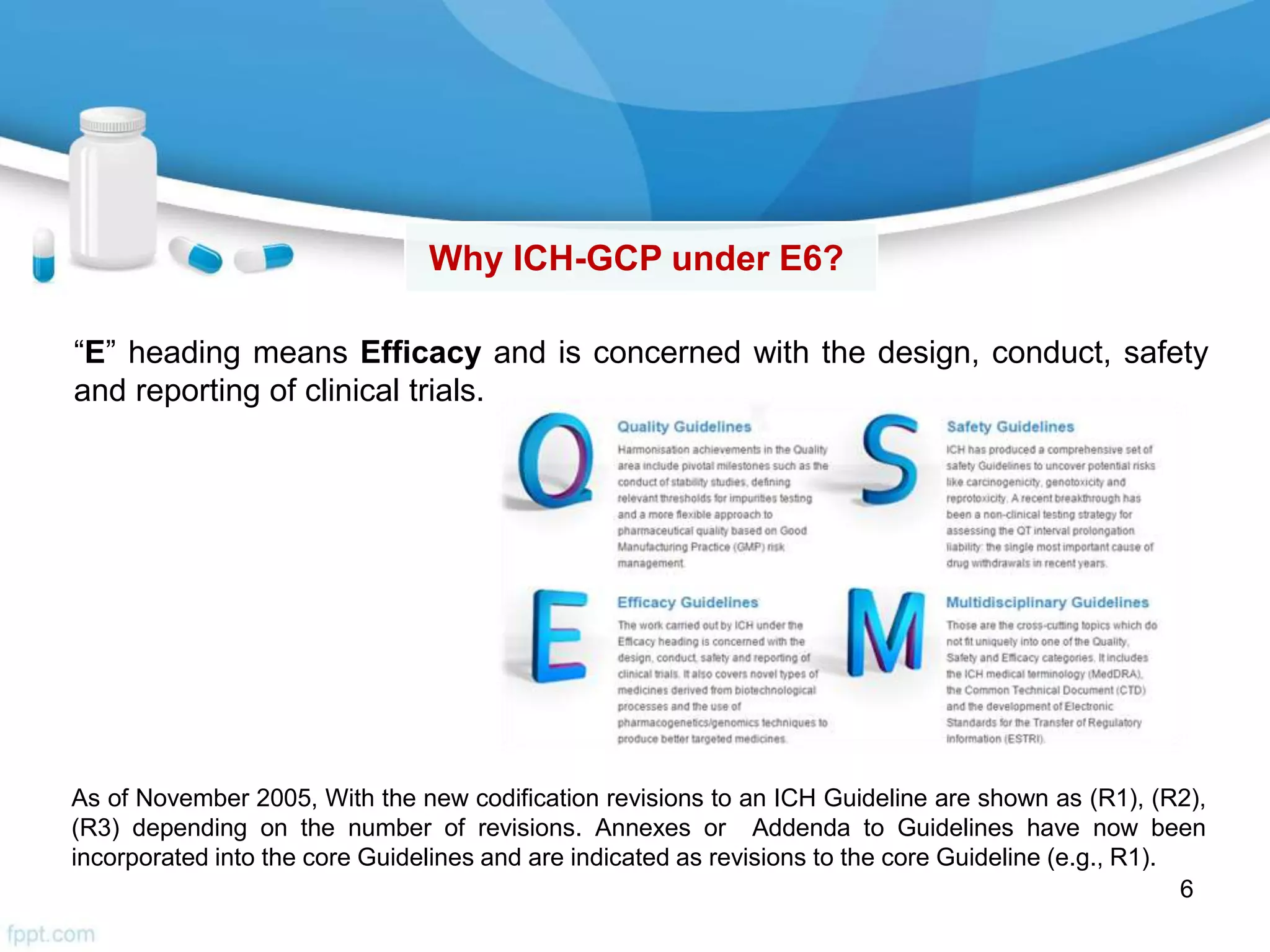 6
Why ICH-GCP under E6?
“E” heading means Efficacy and is concerned with the design, conduct, safety
and reporting of clinical trials.
As of November 2005, With the new codification revisions to an ICH Guideline are shown as (R1), (R2),
(R3) depending on the number of revisions. Annexes or Addenda to Guidelines have now been
incorporated into the core Guidelines and are indicated as revisions to the core Guideline (e.g., R1).
 