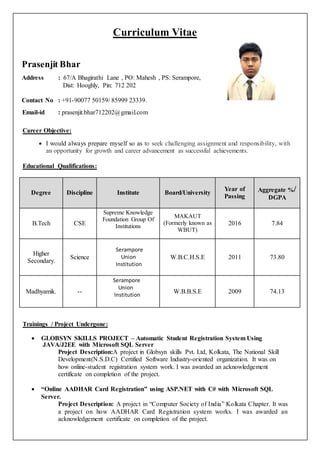 Curriculum Vitae
Prasenjit Bhar
Address : 67/A Bhagirathi Lane , PO: Mahesh , PS: Serampore,
Dist: Hooghly, Pin: 712 202
Contact No : +91-90077 50159/ 85999 23339.
Email-id : prasenjit.bhar712202@gmail.com
Career Objective:
 I would always prepare myself so as to seek challenging assignment and responsibility, with
an opportunity for growth and career advancement as successful achievements.
Educational Qualifications:
Degree Discipline Institute Board/University
Year of
Passing
Aggregate %/
DGPA
B.Tech CSE
Supreme Knowledge
Foundation Group Of
Institutions
MAKAUT
(Formerly known as
WBUT)
2016 7.84
Higher
Secondary.
Science
Serampore
Union
Institution
W.B.C.H.S.E 2011 73.80
Madhyamik. --
Serampore
Union
Institution
W.B.B.S.E 2009 74.13
Trainings / Project Undergone:
 GLOBSYN SKILLS PROJECT – Automatic Student Registration System Using
JAVA/J2EE with Microsoft SQL Server
Project Description:A project in Globsyn skills Pvt. Ltd, Kolkata, The National Skill
Development(N.S.D.C) Certified Software Industry-oriented organization. It was on
how online-student registration system work. I was awarded an acknowledgement
certificate on completion of the project.
 “Online AADHAR Card Registration” using ASP.NET with C# with Microsoft SQL
Server.
Project Description: A project in “Computer Society of India” Kolkata Chapter. It was
a project on how AADHAR Card Registration system works. I was awarded an
acknowledgement certificate on completion of the project.
 