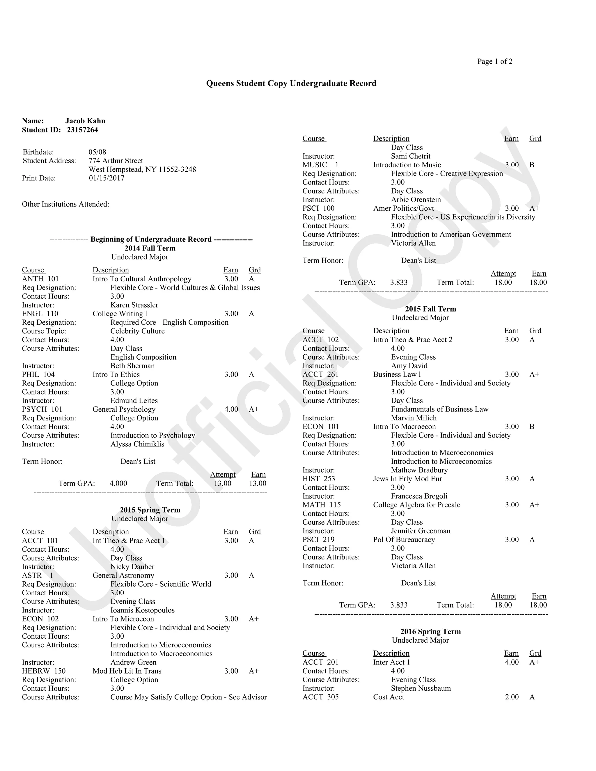 Transcript QC up to SPRING 2017 | PDF