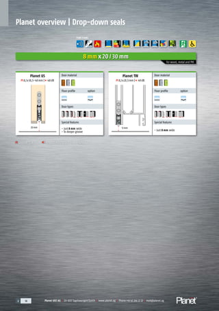 2 18 Planet GDZ AG | CH-8317 Tagelswangen/Zurich | www.planet.ag | Phone +41 43 266 22 22 | mail@planet.ag
Planet overview | Drop-down seals
Planet US
8,1x30,5-40mm | 48dB
Door material
Floor profile option
A
D
G
A
D
G
Door types
Special features
- Just 8 mm wide
- To deeper groove
Planet TW
8,1x20,5mm | 49dB
Door material
Floor profile option
A
D
G
A
D
G
Door types
Special features
- Just 8 mm wide
Groove size Sound absorption value (dB)
8 mm x 20 / 30 mm
for wood, metal and PVC
12mm20mm
A
D
G
ENERGY
FUNCTIONS
 