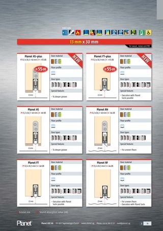Planet GDZ AG | CH-8317 Tagelswangen/Zurich | www.planet.ag | Phone +41 43 266 22 22 | mail@planet.ag 2 19Planet GDZ AG | CH-8317 Tagelswangen/Zurich | www.planet.ag | Phone +41 43 266 22 22 | mail@planet.ag 2 19Planet GDZ AG | CH-8317 Tagelswangen/Zurich | www.planet.ag | Phone +41 43 266 22 22 | mail@planet.ag 2 19Planet GDZ AG | CH-8317 Tagelswangen/Zurich | www.planet.ag | Phone +41 43 266 22 22 | mail@planet.ag
55dB 55dB
A
D
G
ENERGY
Door material
Floor profile
A
D
G
Door types
Special features
- To deeper groove
Door material
Floor profile
A
D
G
Door types
Special features
- Execution with Planet
Socle possible
Groove size Sound absorption value (dB)
for wood, metal and PVC
22mm 22mm
FUNCTIONS
13 mm x 30 mm
Planet HS-plus
13,1x30,5-40mm | >55dB
Planet FT-plus
13,1x30,5mm | >55dB
Planet HS
13,1x30,5-40mm | 48dB
Planet RH
13,1x30,5-40mm | 44dB
Door material
Floor profile
A
D
G
Door types
Special features
- To deeper groove
Door material
Floor profile
A
D
G
Door types
Special features
- For uneven floors
Planet FT
13,1x30,5mm | 48dB
Planet RF
13,1x30,5mm | 44dB
Door material
Floor profile
A
D
G
Door types
Special features
- Execution with Planet
Socle possible
Door material
Floor profile
A
D
G
Door types
Special features
- For uneven floors
- Execution with Planet Socle
22mm
22mm 27mm
27mm
NEW
NEW
NEW
NEW
Overview
 